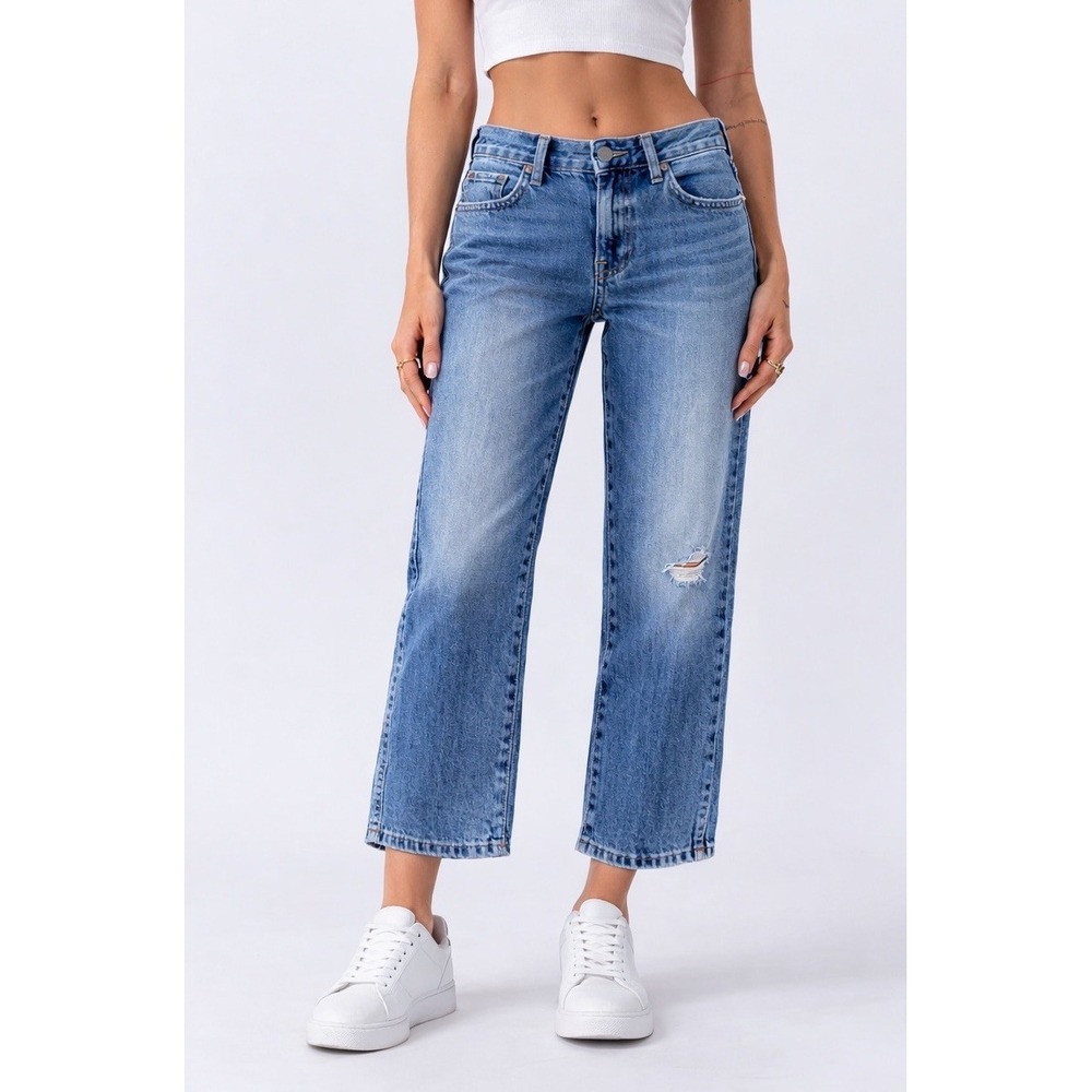 AMO Blue Denim Jeans Billie Loose Fit Wide Leg Ankle Crop Women's Size 32 USA